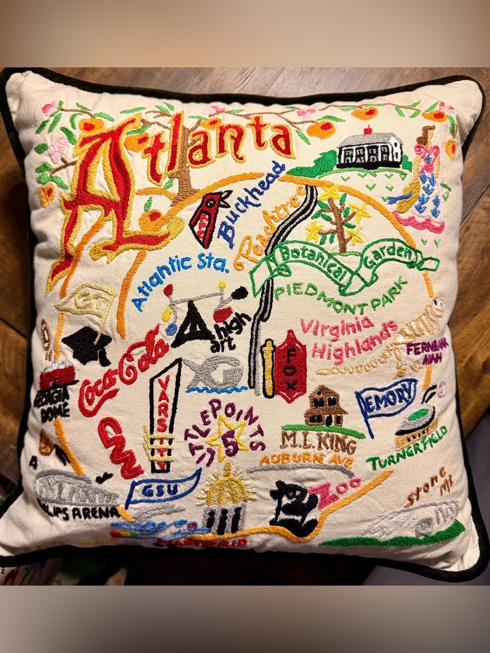 Catstudio Hand Embroidered Atlanta Landmark Accent Pillow — Old School ATL